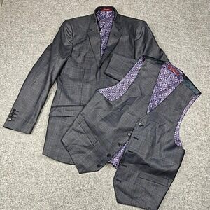 Statement‎ Suit Jacket Vest Mens 40R Gray Plaid Wool Cashmere 2 Piece Slim Fit